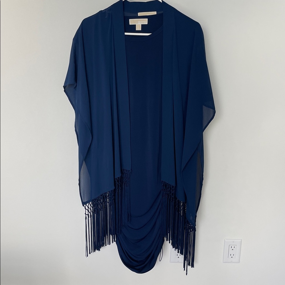 Michael Kors Navy Blue Ruched Dress and fringe cape.